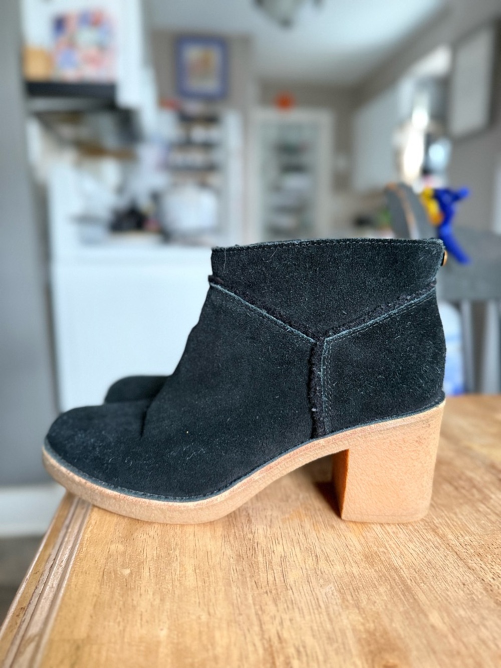 UGG Black Suede Ankle Bootie with Tan Block Heel